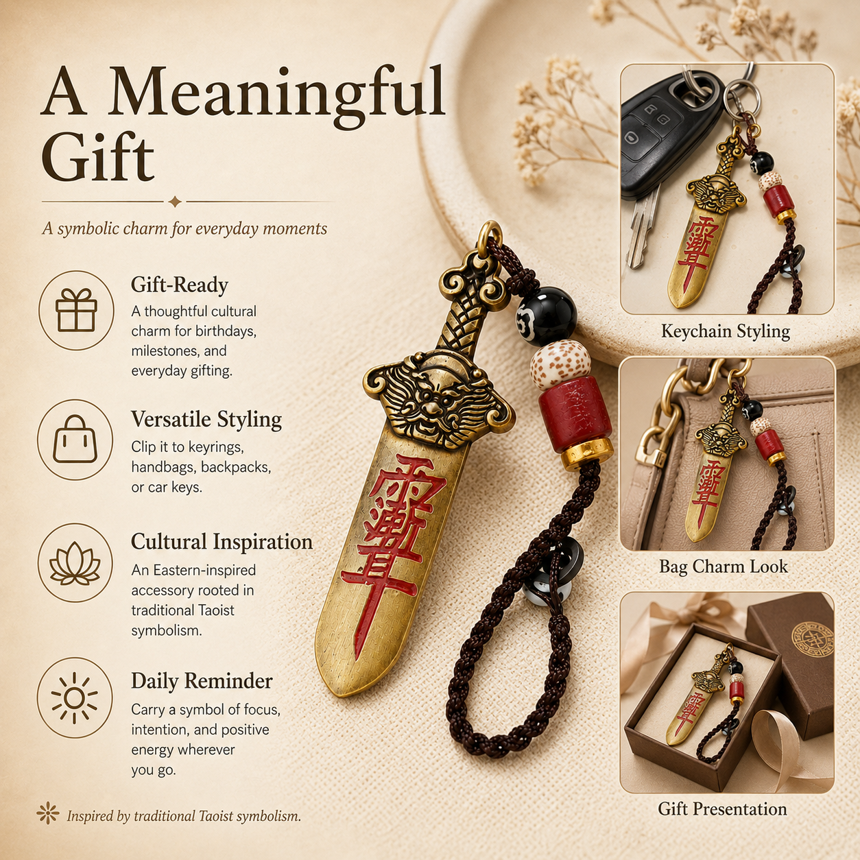 Seven Star Sword Pendant close-up – antique brass finish Taoist feng shui charm