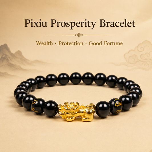 Pixiu Prosperity Bracelet — Black Bead Gold Pixiu Feng Shui Wealth Bracelet by DaoCharm