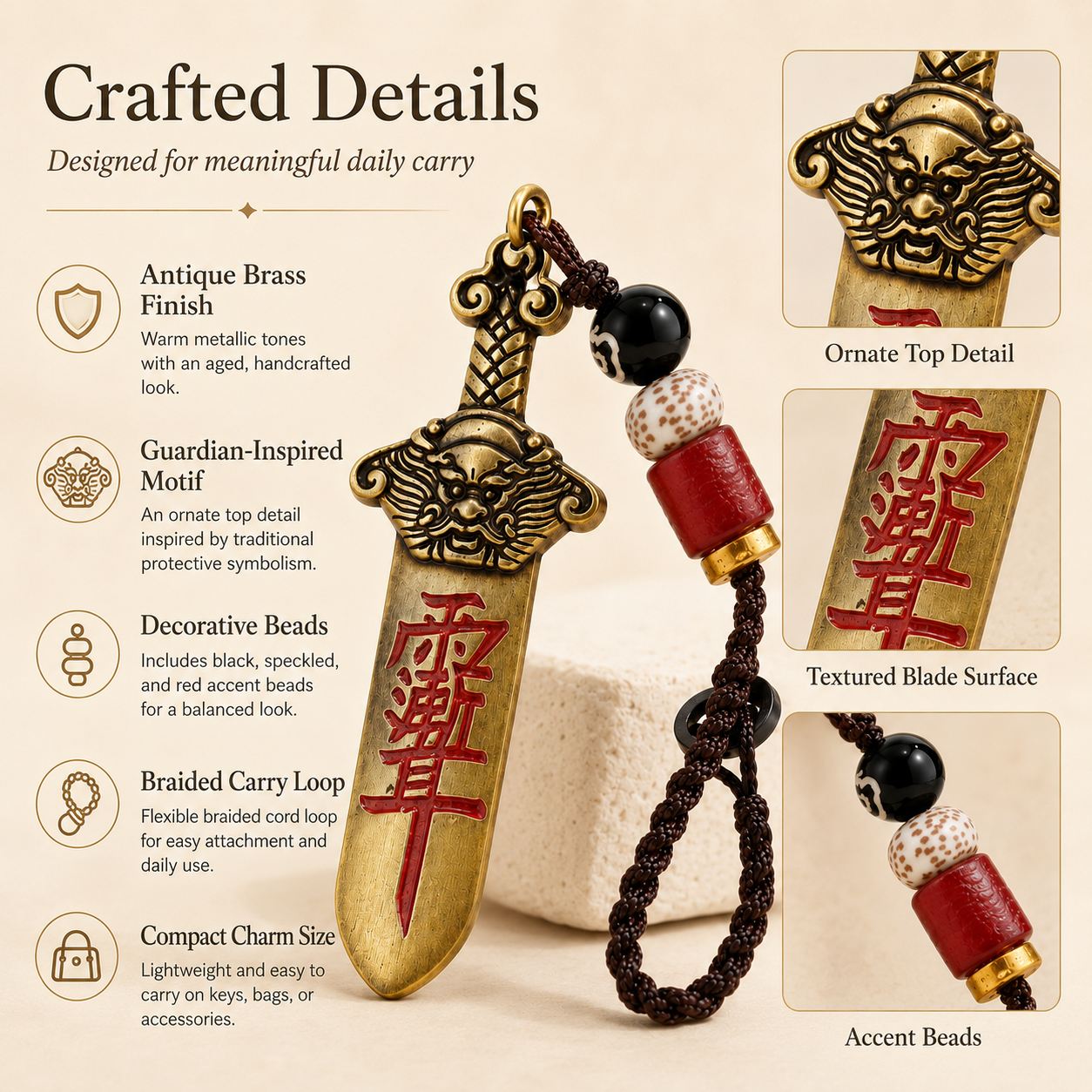 Seven Star Sword pendant detail – red talisman inscription and relief carving