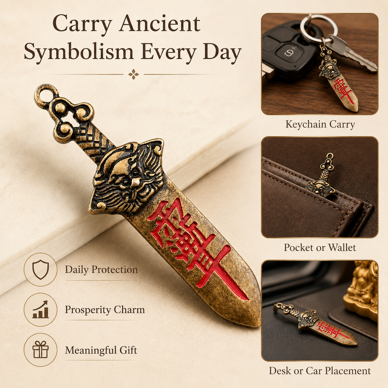 Taoist Seven Star Sword charm – back view with Taoist symbolic engravings
