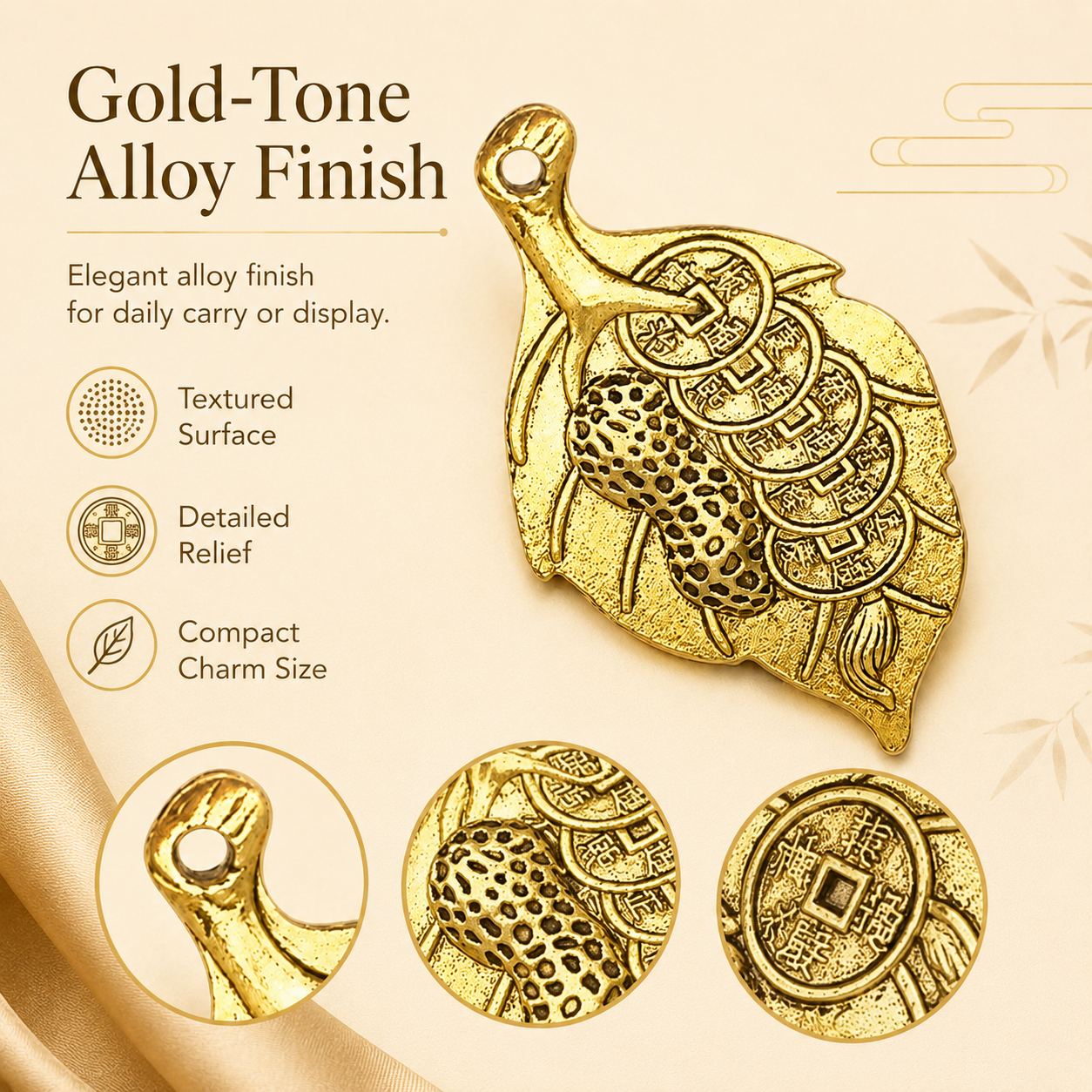Gold leaf prosperity pendant detail – coin pattern and abundance symbolism