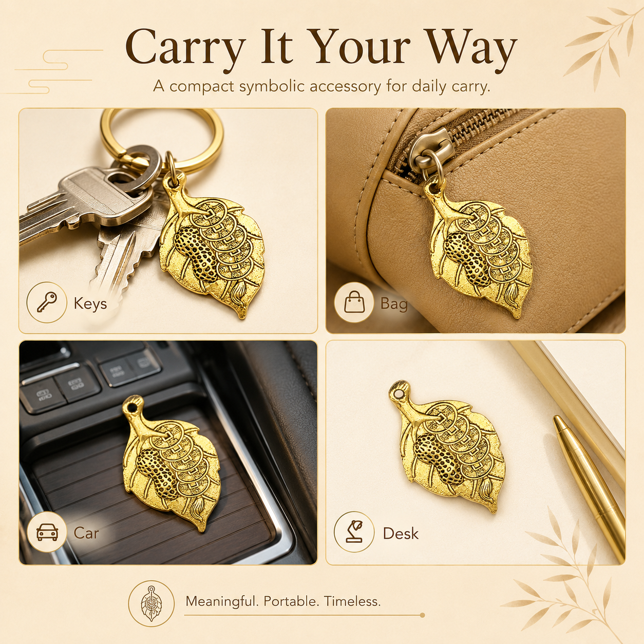 Auspicious leaf charm lifestyle – attached to bag as feng shui good fortune accessory