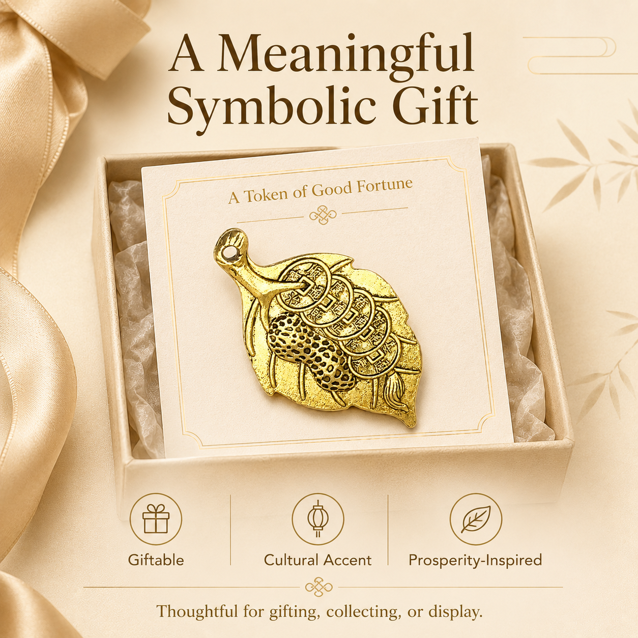 Gold leaf charm in embroidered velvet gift bag – DaoCharm premium packaging
