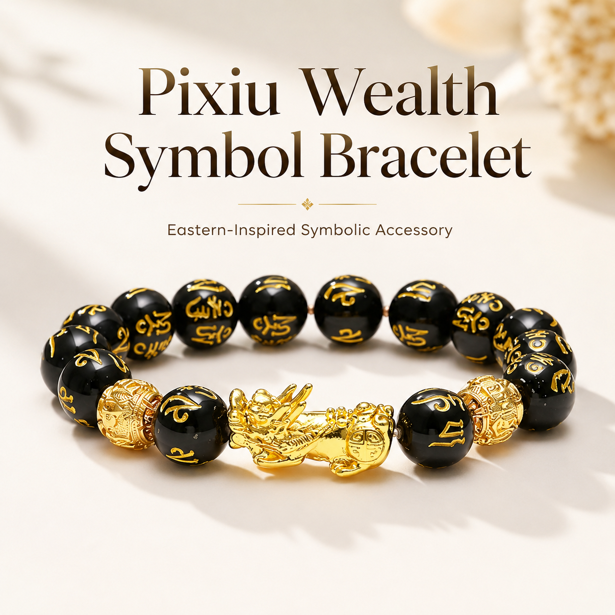 Pixiu bracelet detail – gold-tone wealth guardian centerpiece with engraved accents