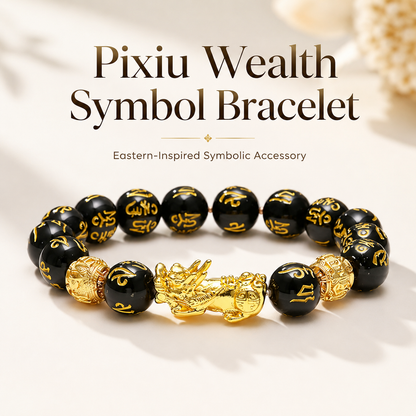 Pixiu bracelet detail – gold-tone wealth guardian centerpiece with engraved accents