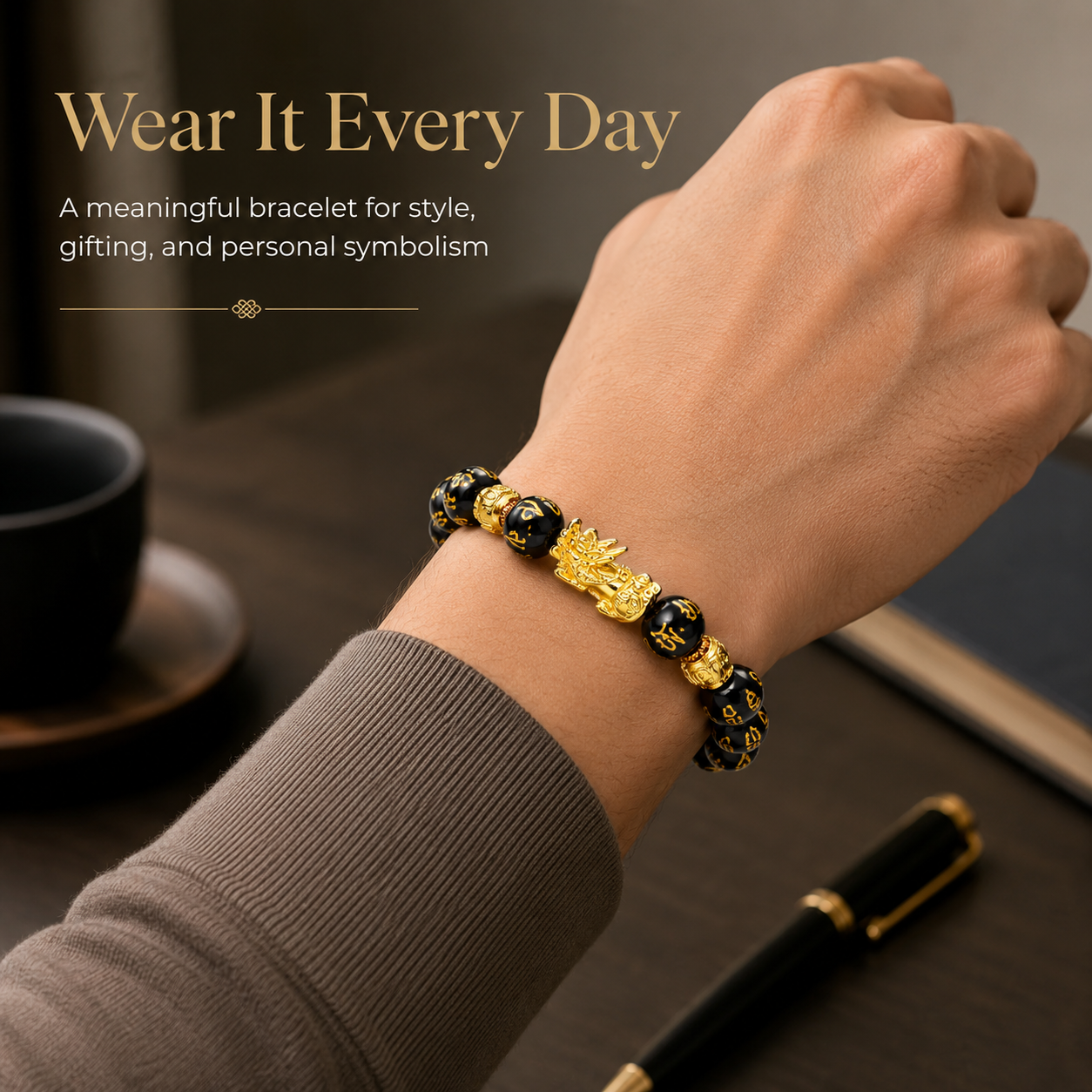 Pixiu bracelet lifestyle – black prayer bead bracelet with gold Pixiu charm