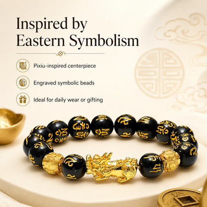Pixiu Wealth Symbol Bracelet – black bead gold Pixiu feng shui prosperity bracelet