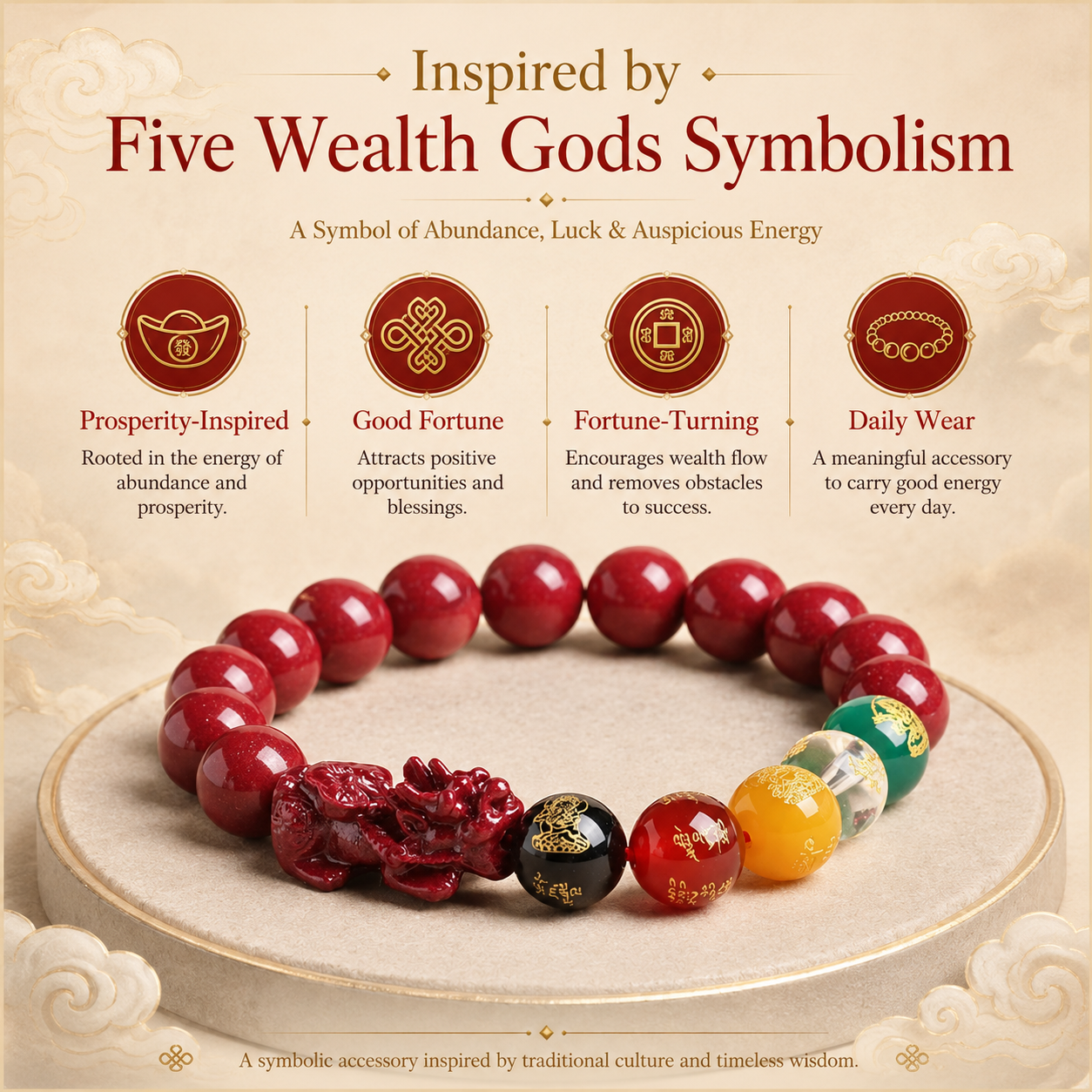 Five Wealth Gods bracelet detail – gold Pixiu centerpiece and colorful accent beads