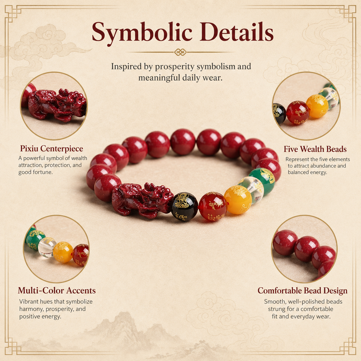 Five Wealth Gods Pixiu Bracelet being worn – Eastern wealth symbol bracelet lifestyle