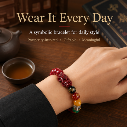 Five Wealth Gods bracelet close-up – red bead feng shui fortune charm detail