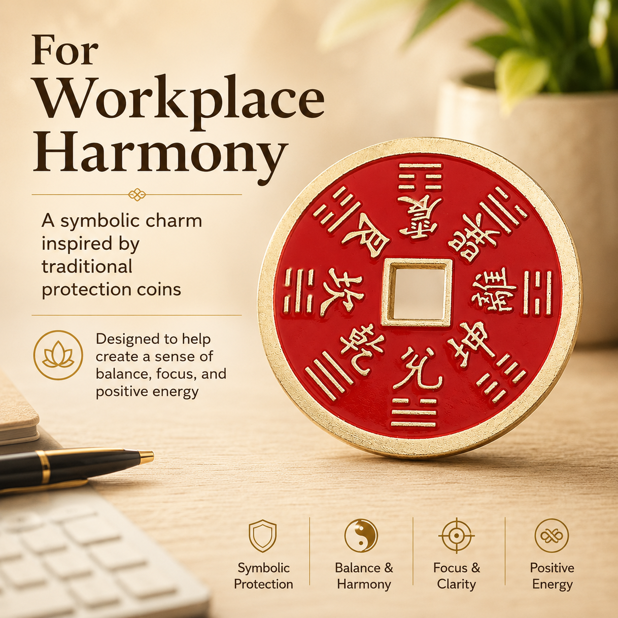 Bagua coin detail – eight trigrams engraving and auspicious characters
