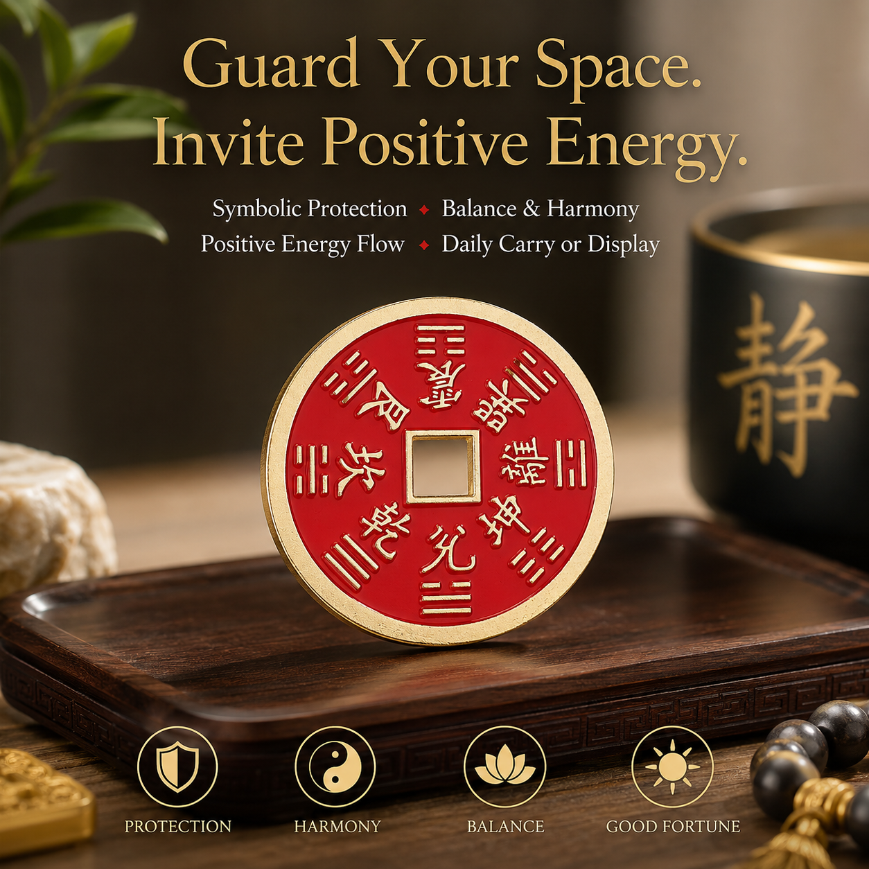 Bagua Protection Coin in embroidered velvet gift bag – DaoCharm feng shui gift