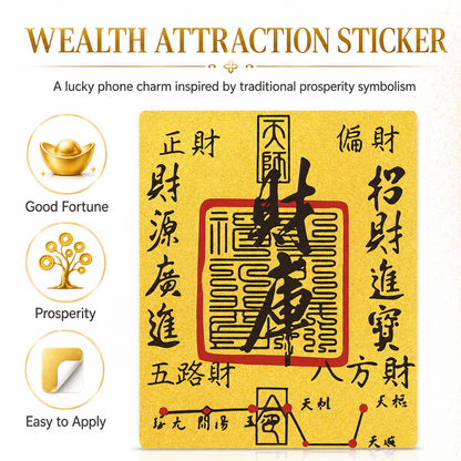 Infographic of the gold wealth attraction phone sticker on a cream background, with callouts explaining its traditional Taoist talisman symbols and features