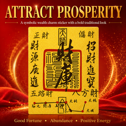 Close-up of the gold feng shui Wealth Vault talisman sticker on a deep red background with gold ingots, promoting prosperity and good fortune