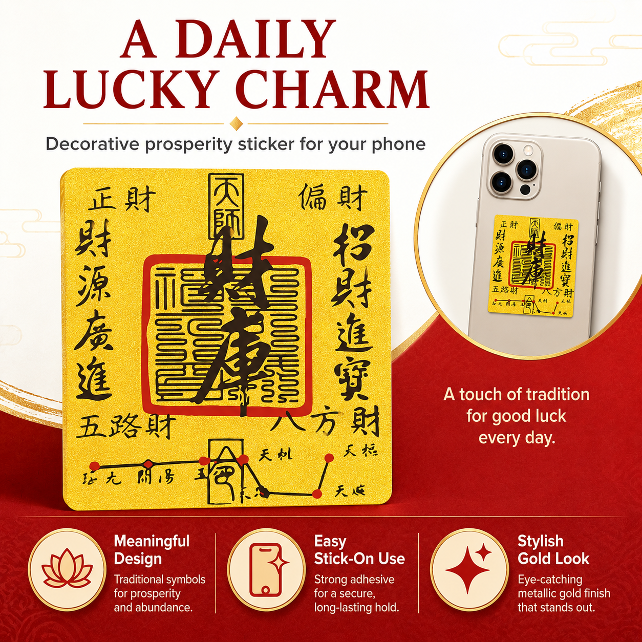 Daily lucky charm infographic showing the gold feng shui wealth sticker next to a smartphone mockup with key product benefit callouts