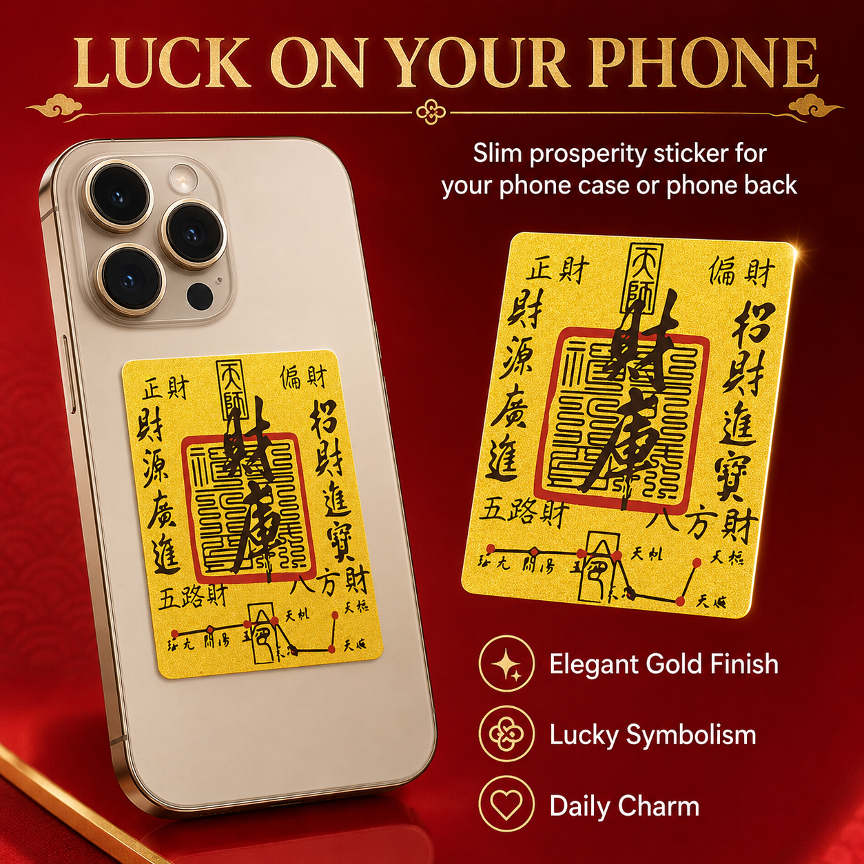 Gold Cai Ku wealth talisman sticker applied to the back of a white smartphone, shown against a festive red backdrop with the headline Luck on Your Phone