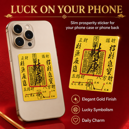 Gold Cai Ku wealth talisman sticker applied to the back of a white smartphone, shown against a festive red backdrop with the headline Luck on Your Phone