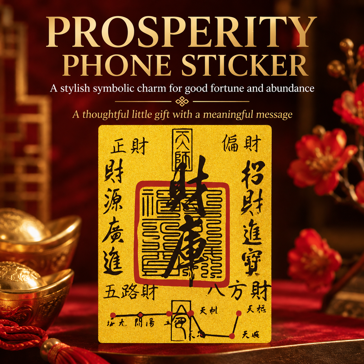 Gold Wealth Vault (Cai Ku) feng shui prosperity phone sticker with traditional Chinese wealth talisman symbols, displayed with gold ingots and red plum blossoms